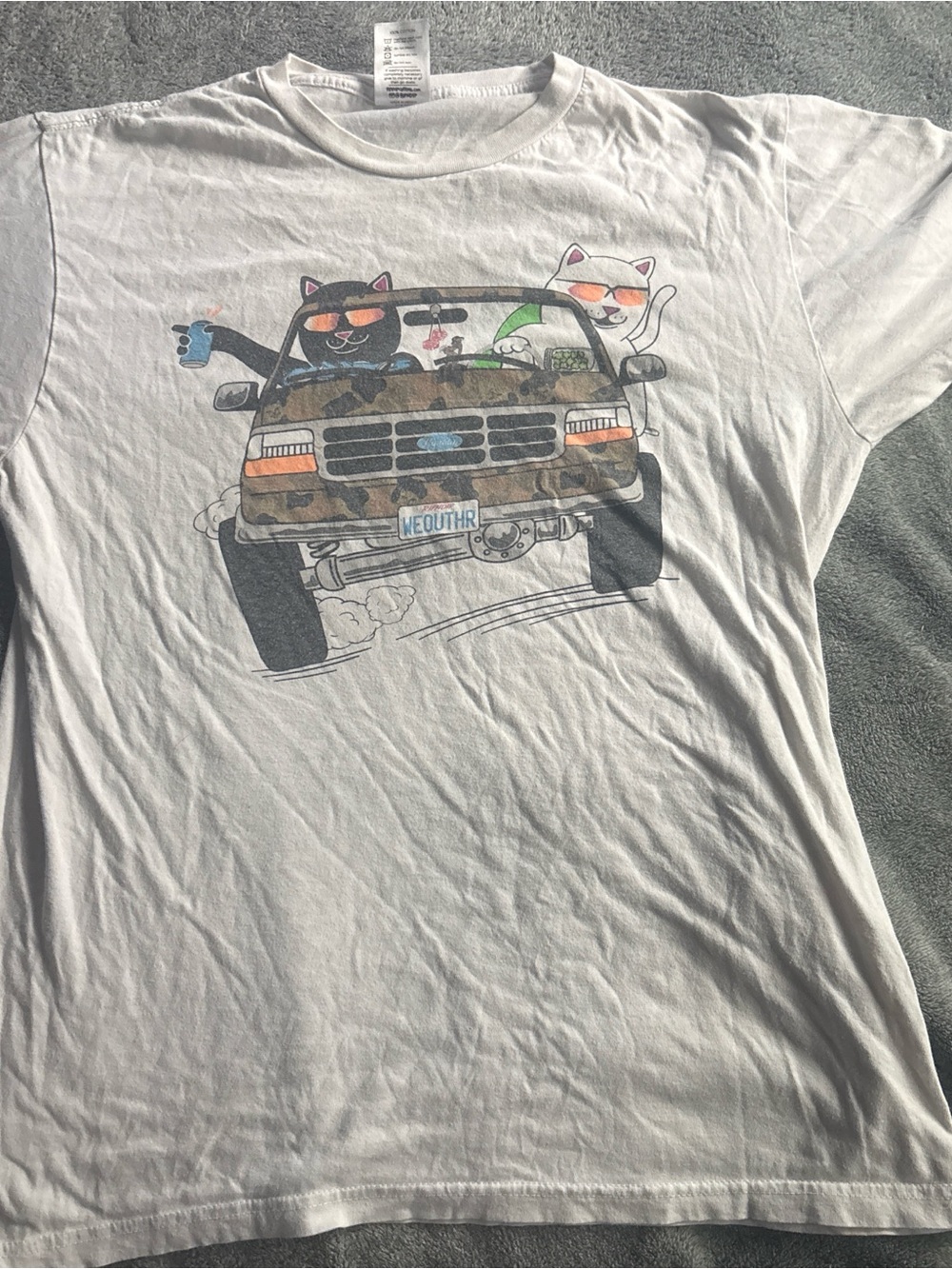 Ripndip White Tee with Camouflage Truck & Cats Graphic